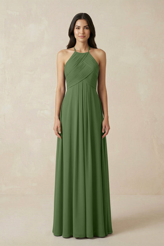 A-Line Halter Neck Pleated Chiffon Bridesmaid Dress in Moss