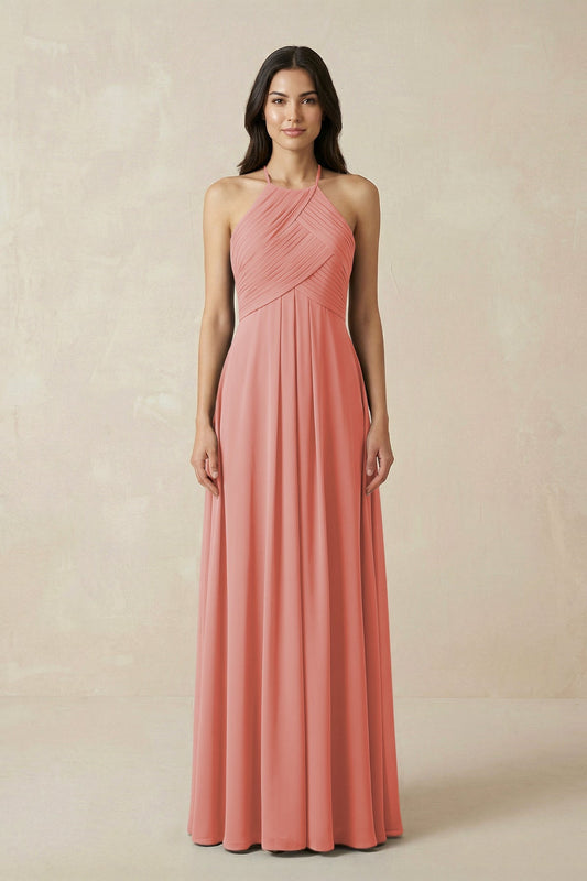 A-Line Halter Neck Pleated Chiffon Bridesmaid Dress in Mulberry