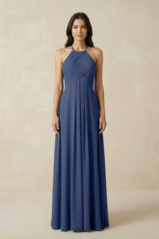 A-Line Halter Neck Pleated Chiffon Bridesmaid Dress in Navy