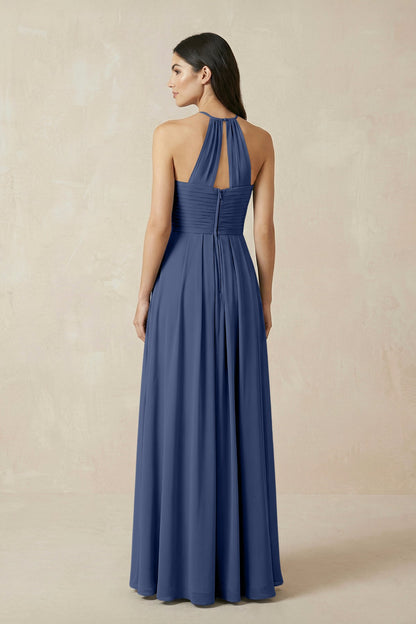 A-Line Halter Neck Pleated Chiffon Bridesmaid Dress in Navy