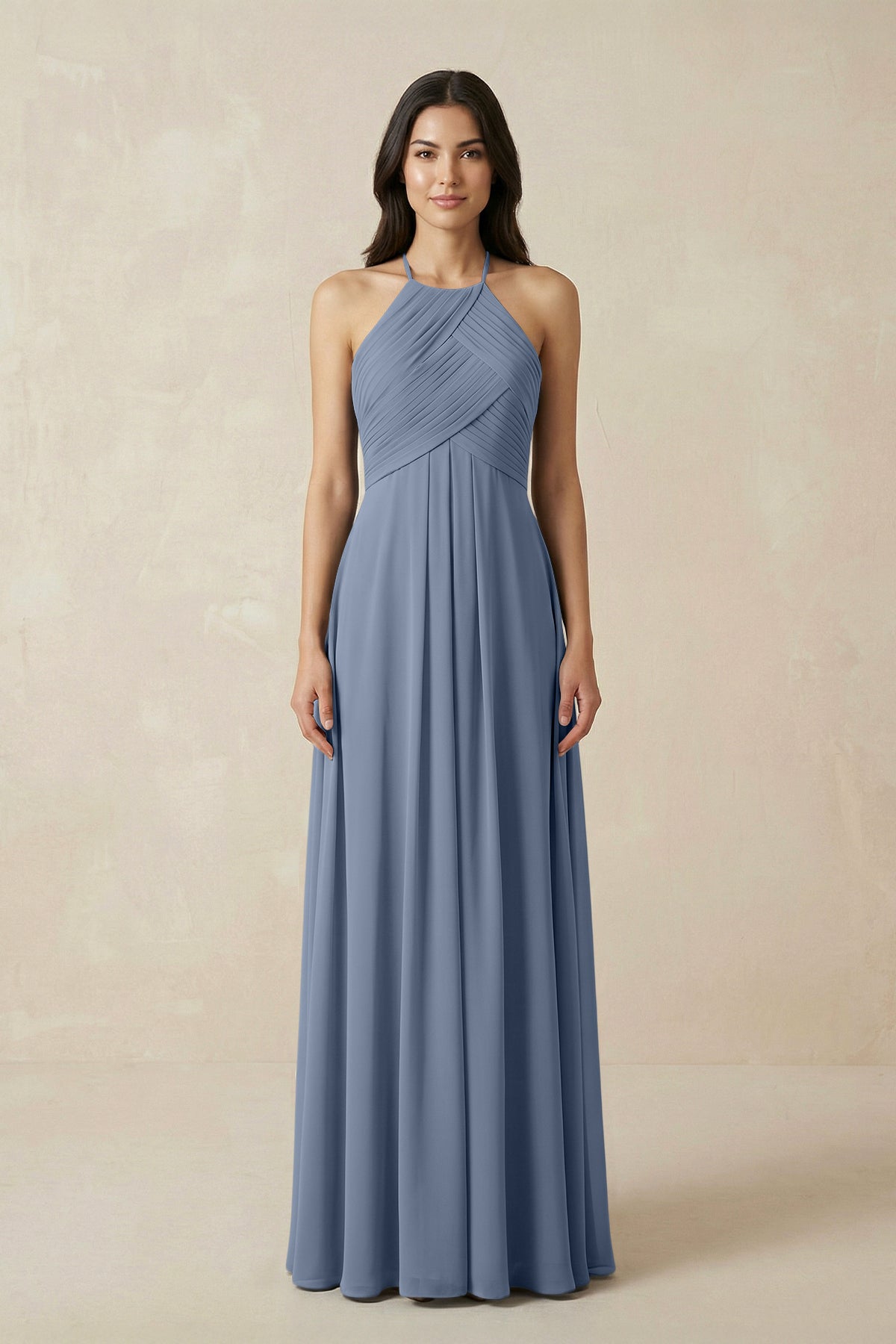 A-Line Halter Neck Pleated Chiffon Bridesmaid Dress in Neptune