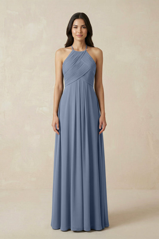 A-Line Halter Neck Pleated Chiffon Bridesmaid Dress in Neptune