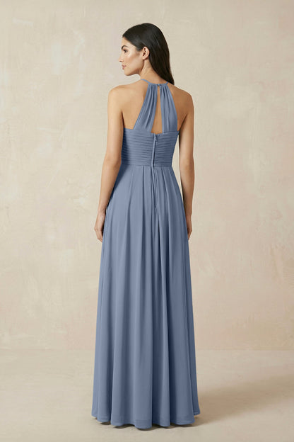 A-Line Halter Neck Pleated Chiffon Bridesmaid Dress in Neptune