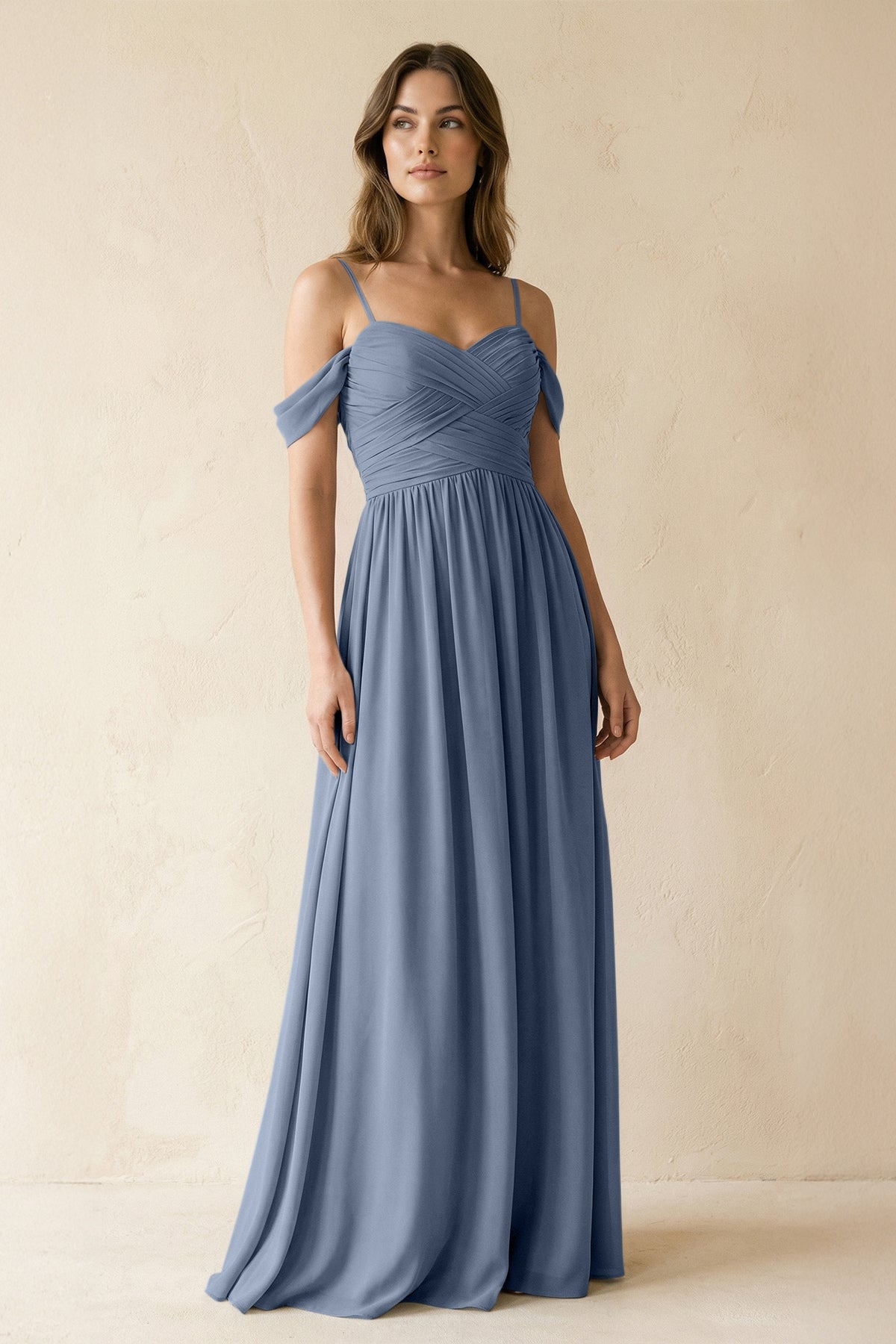A-Line Off-the-Shoulder Pleated Chiffon Bridesmaid Dress in Neptune