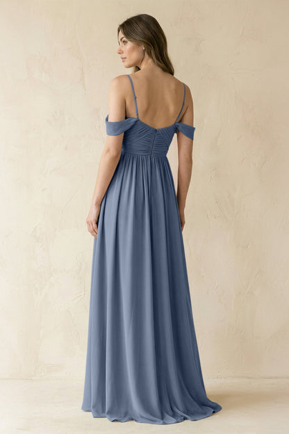 A-Line Off-the-Shoulder Pleated Chiffon Bridesmaid Dress in Neptune