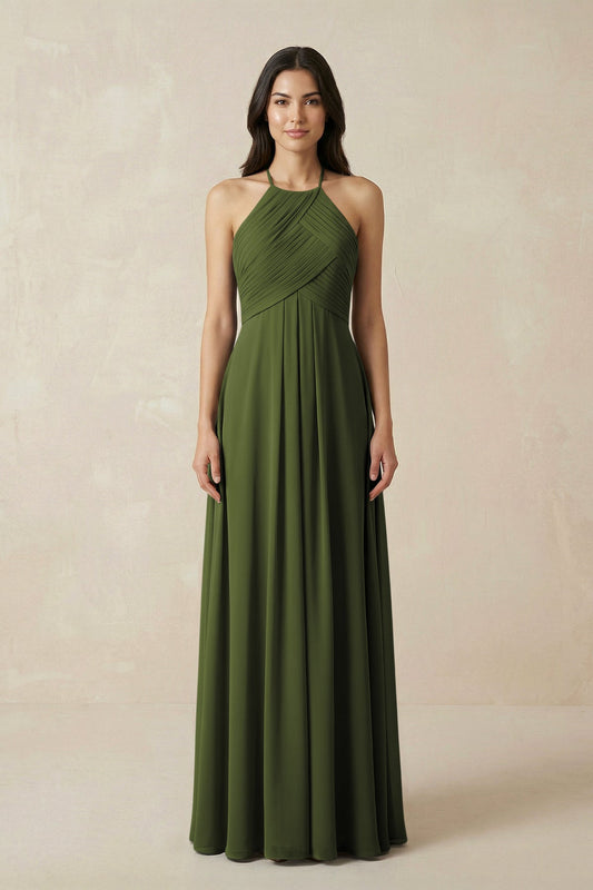 A-Line Halter Neck Pleated Chiffon Bridesmaid Dress in Olive