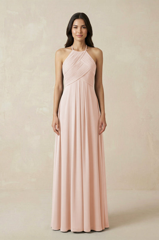 A-Line Halter Neck Pleated Chiffon Bridesmaid Dress in Pale Blush