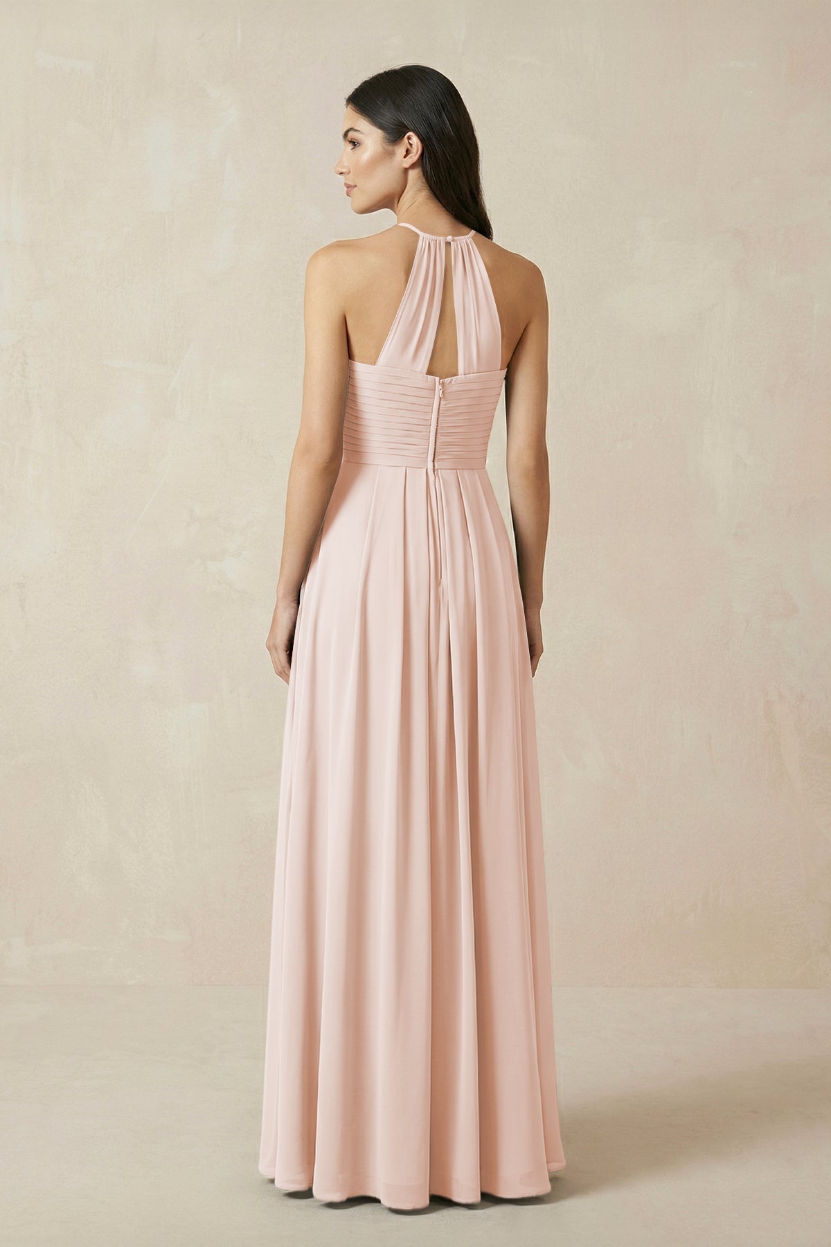 A-Line Halter Neck Pleated Chiffon Bridesmaid Dress in Pale Blush