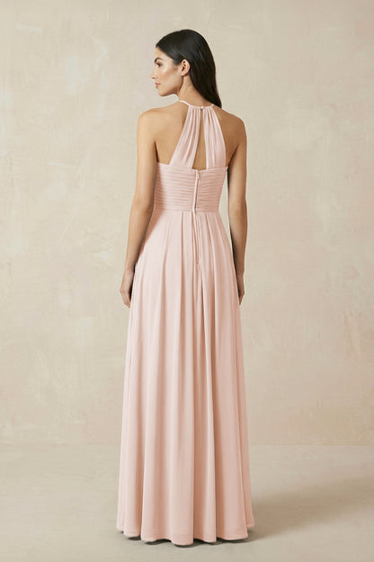 A-Line Halter Neck Pleated Chiffon Bridesmaid Dress in Pale Blush
