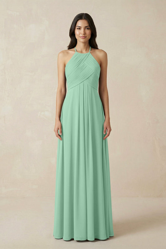 A-Line Halter Neck Pleated Chiffon Bridesmaid Dress in Pale Pistachio