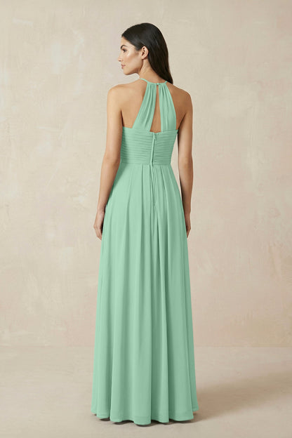 A-Line Halter Neck Pleated Chiffon Bridesmaid Dress in Pale Pistachio