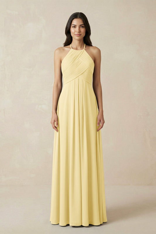 A-Line Halter Neck Pleated Chiffon Bridesmaid Dress in Pastel Yellow