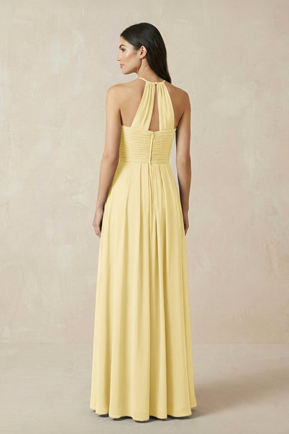 A-Line Halter Neck Pleated Chiffon Bridesmaid Dress in Pastel Yellow