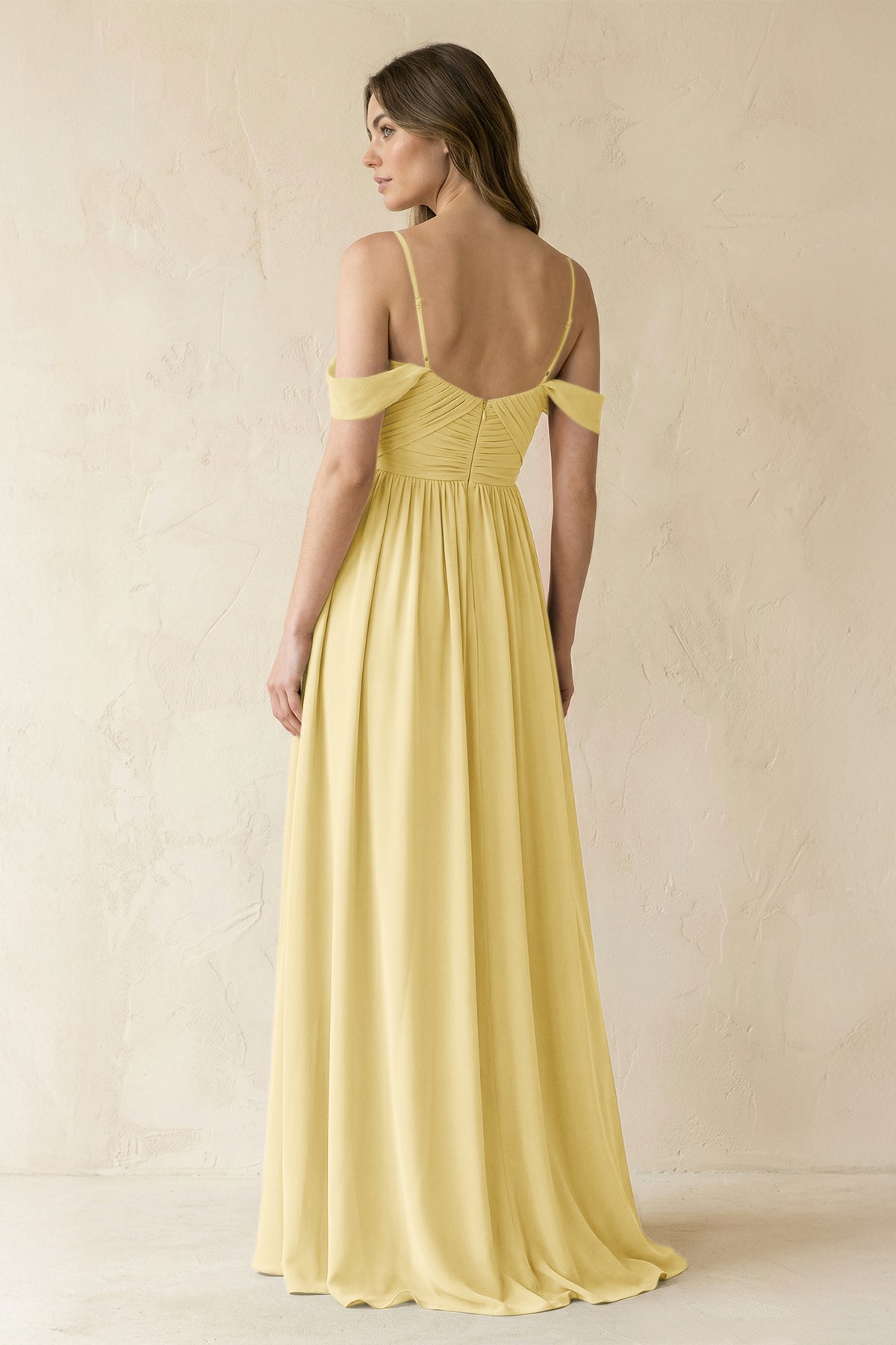 A-Line Off-the-Shoulder Pleated Chiffon Bridesmaid Dress in Pastel Yellow