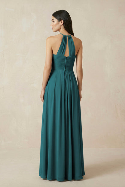 A-Line Halter Neck Pleated Chiffon Bridesmaid Dress in Pine