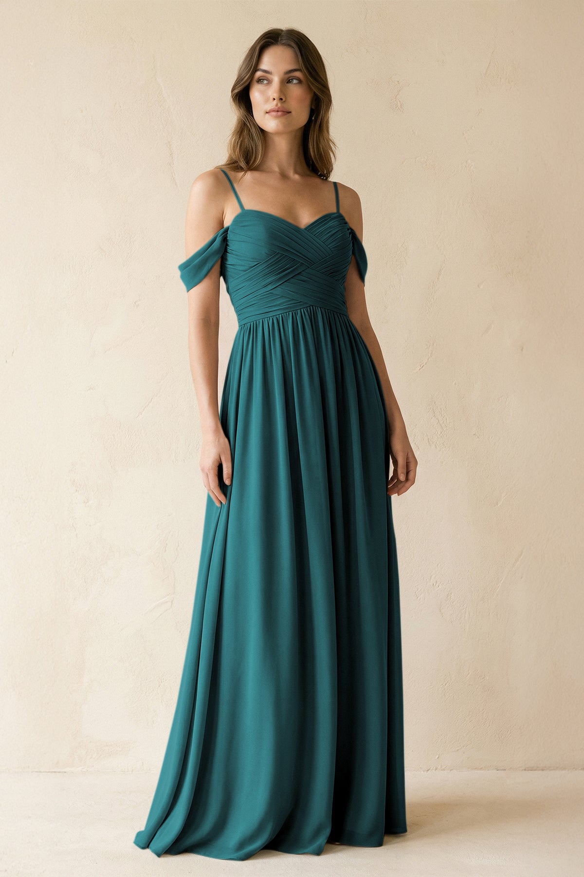 A-Line Off-the-Shoulder Pleated Chiffon Bridesmaid Dress in Pine