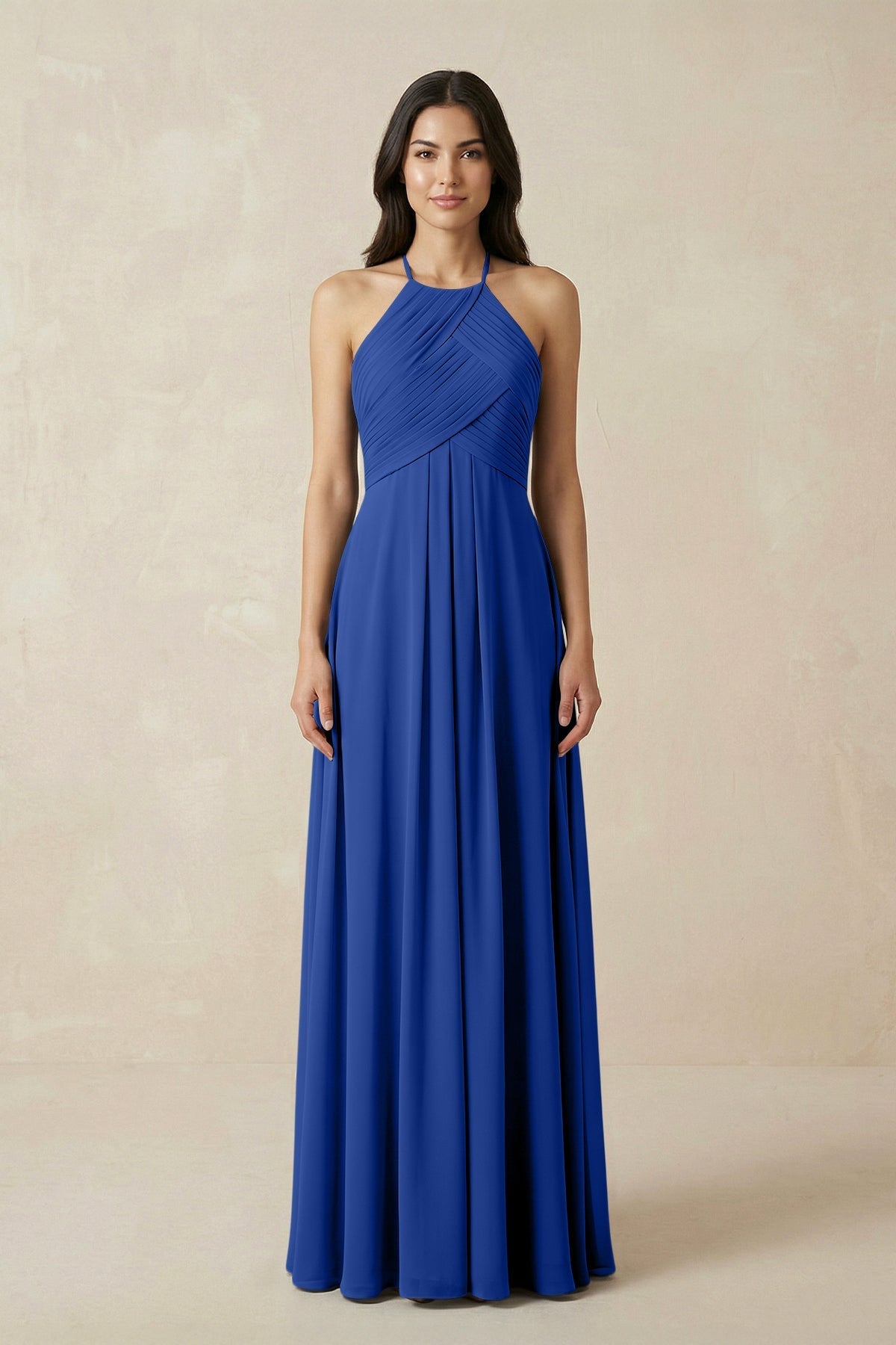 A-Line Halter Neck Pleated Chiffon Bridesmaid Dress in Royal Blue