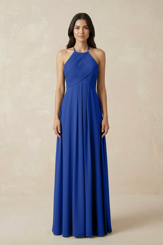 A-Line Halter Neck Pleated Chiffon Bridesmaid Dress in Royal Blue
