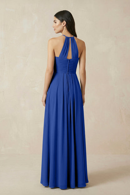 A-Line Halter Neck Pleated Chiffon Bridesmaid Dress in Royal Blue