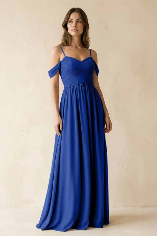 A-Line Off-the-Shoulder Pleated Chiffon Bridesmaid Dress in Royal Blue
