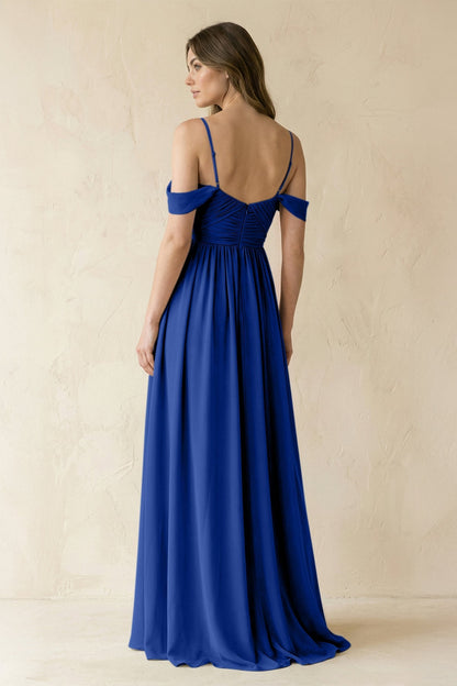 A-Line Off-the-Shoulder Pleated Chiffon Bridesmaid Dress in Royal Blue