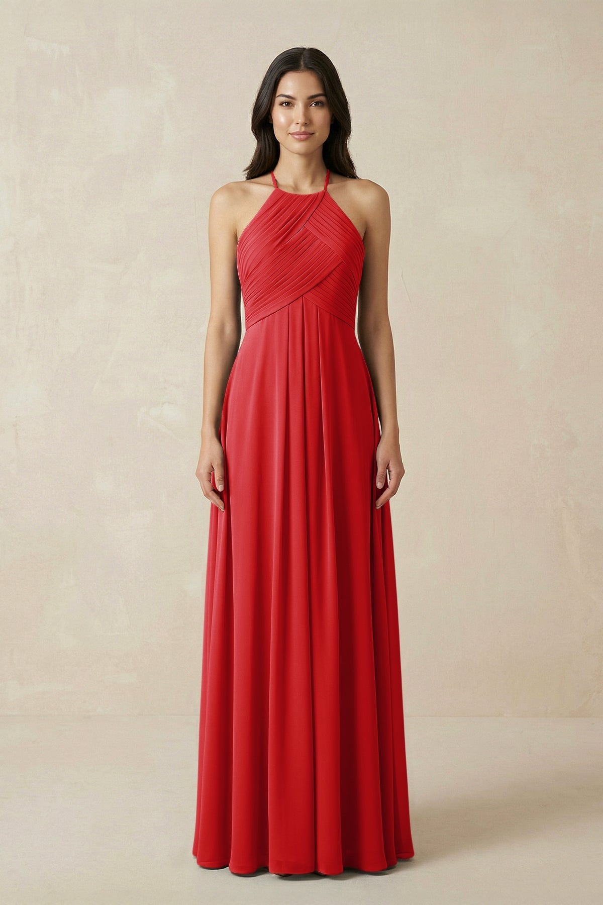 A-Line Halter Neck Pleated Chiffon Bridesmaid Dress in Ruby Red