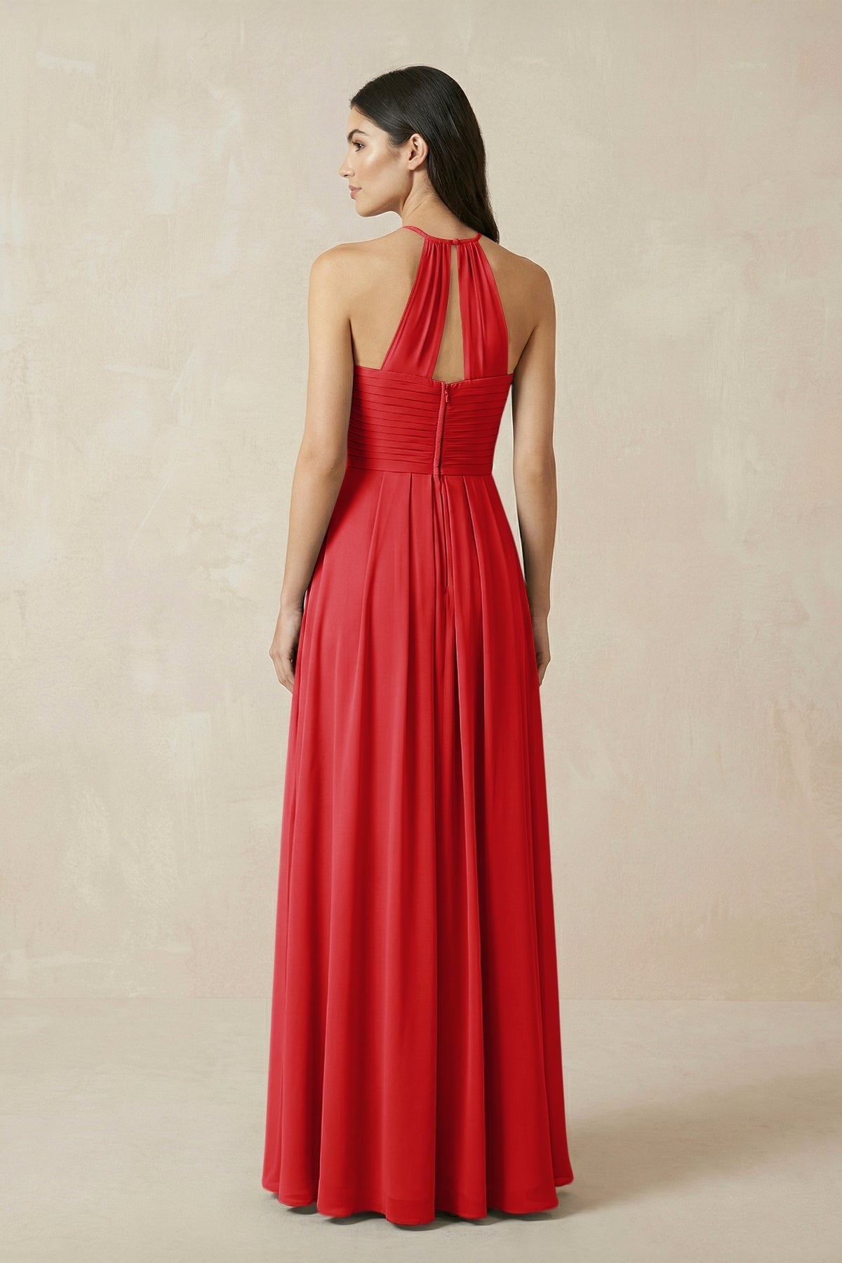 A-Line Halter Neck Pleated Chiffon Bridesmaid Dress in Ruby Red