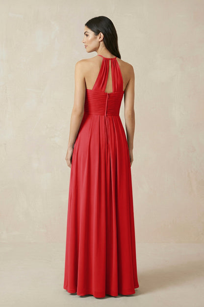 A-Line Halter Neck Pleated Chiffon Bridesmaid Dress in Ruby Red