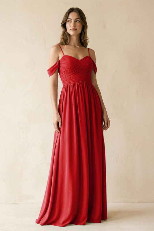 A-Line Off-the-Shoulder Pleated Chiffon Bridesmaid Dress in Ruby Red