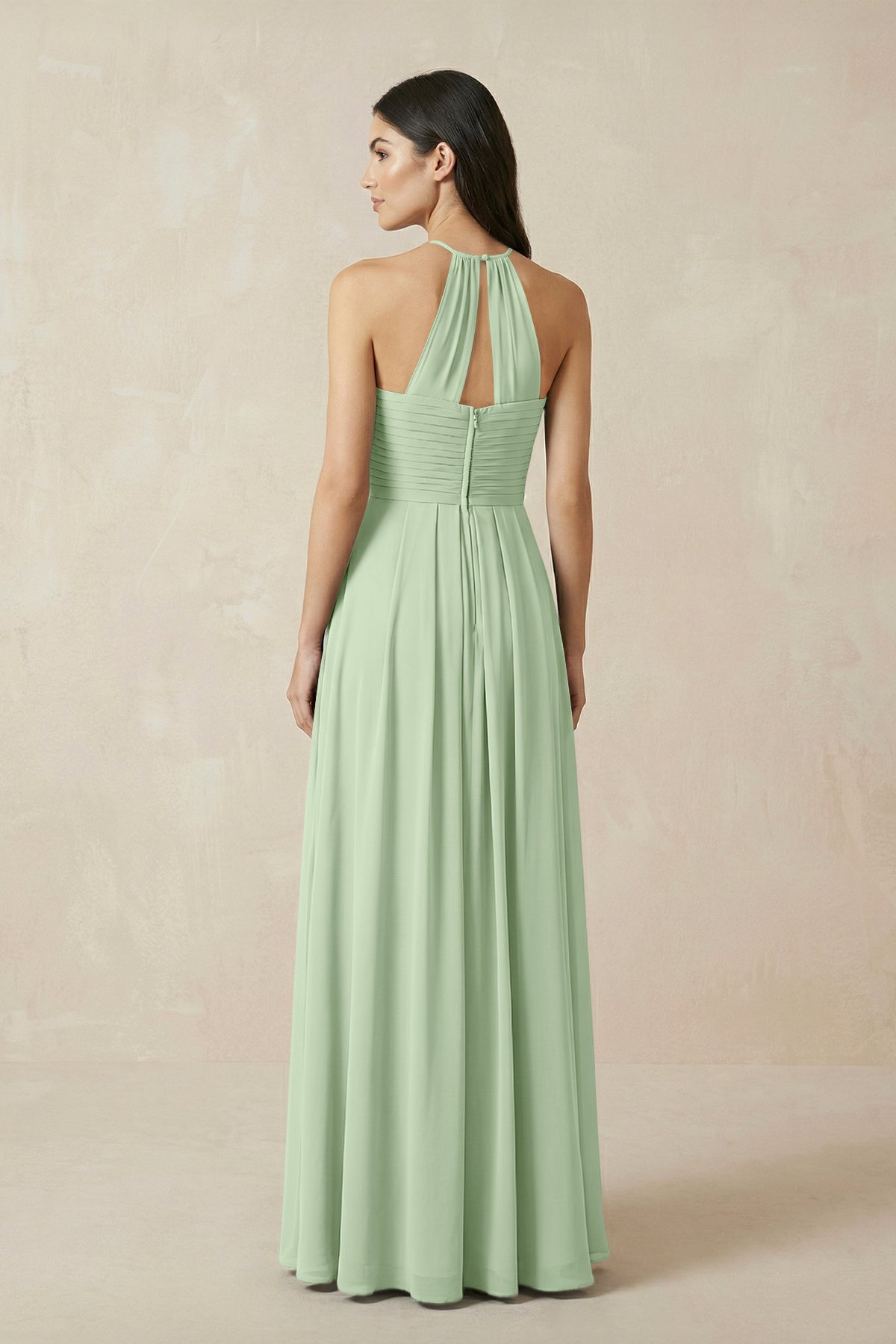 A-Line Halter Neck Pleated Chiffon Bridesmaid Dress in Sage
