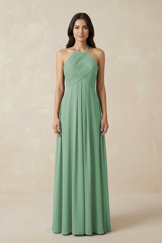 A-Line Halter Neck Pleated Chiffon Bridesmaid Dress in Sea Glass