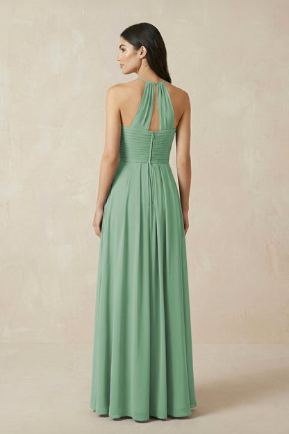 A-Line Halter Neck Pleated Chiffon Bridesmaid Dress in Sea Glass