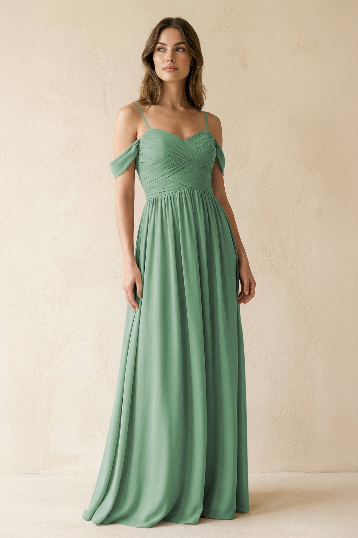 A-Line Off-the-Shoulder Pleated Chiffon Bridesmaid Dress in Sea Glass