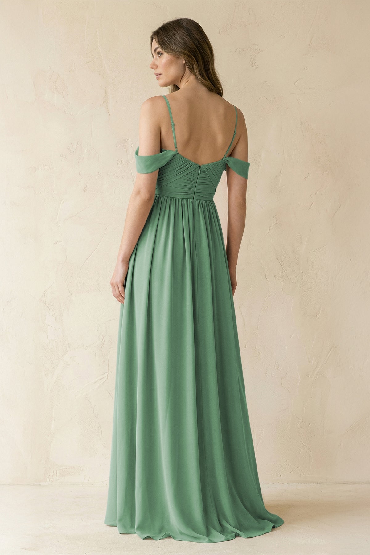 A-Line Off-the-Shoulder Pleated Chiffon Bridesmaid Dress in Sea Glass