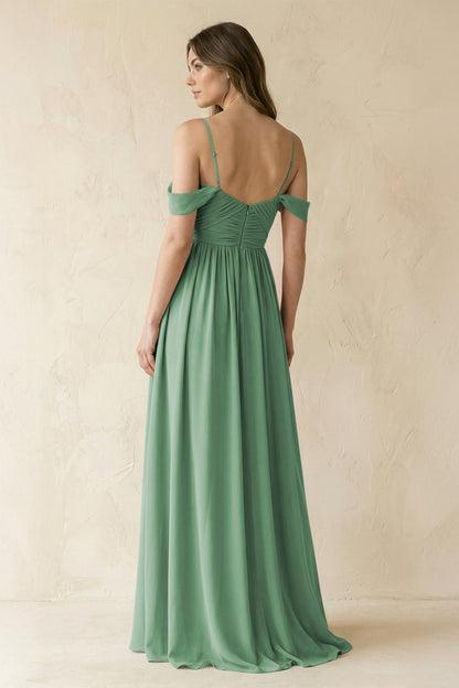 A-Line Off-the-Shoulder Pleated Chiffon Bridesmaid Dress in Sea Glass