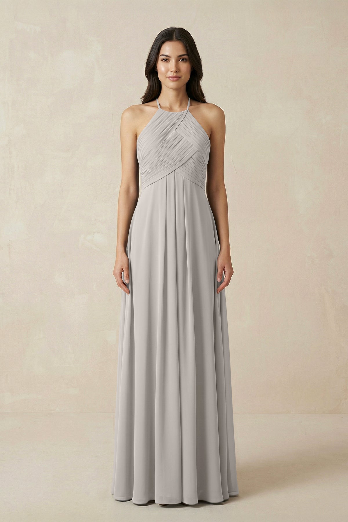 A-Line Halter Neck Pleated Chiffon Bridesmaid Dress in Silver