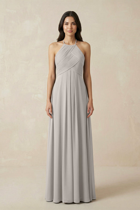 A-Line Halter Neck Pleated Chiffon Bridesmaid Dress in Silver