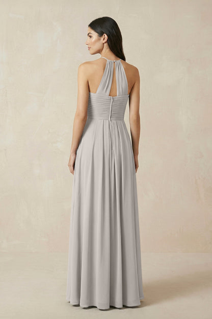 A-Line Halter Neck Pleated Chiffon Bridesmaid Dress in Silver