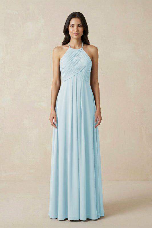 A-Line Halter Neck Pleated Chiffon Bridesmaid Dress in Sky Blue