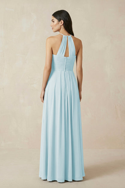 A-Line Halter Neck Pleated Chiffon Bridesmaid Dress in Sky Blue