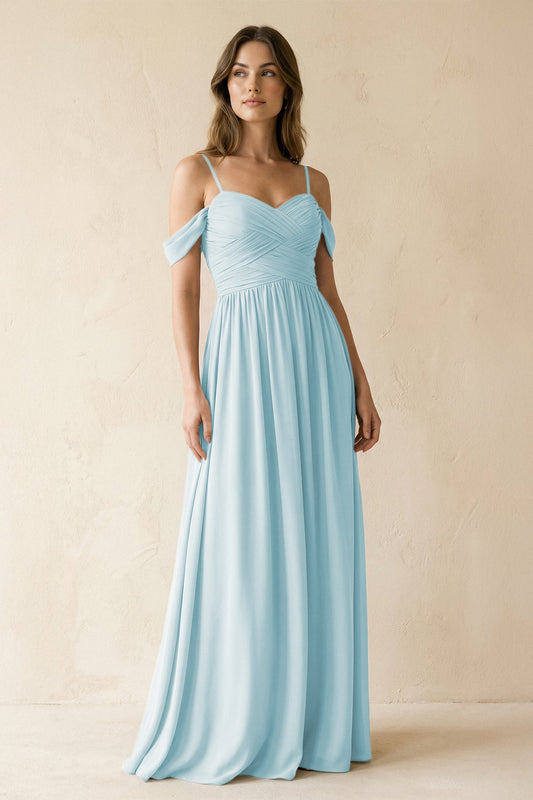 A-Line Off-the-Shoulder Pleated Chiffon Bridesmaid Dress in Sky Blue