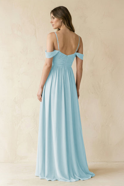 A-Line Off-the-Shoulder Pleated Chiffon Bridesmaid Dress in Sky Blue