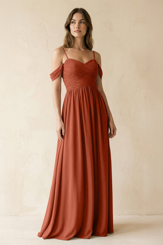 A-Line Off-the-Shoulder Pleated Chiffon Bridesmaid Dress in Spice