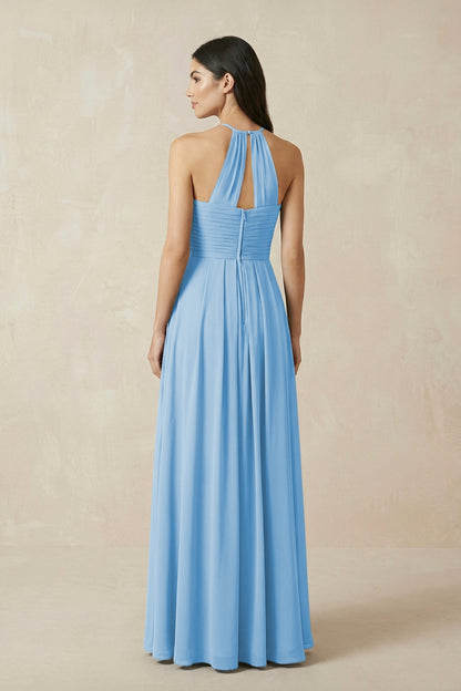 A-Line Halter Neck Pleated Chiffon Bridesmaid Dress in Steel Blue
