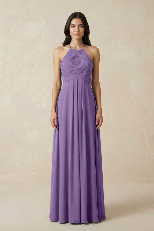 A-Line Halter Neck Pleated Chiffon Bridesmaid Dress in Tahiti