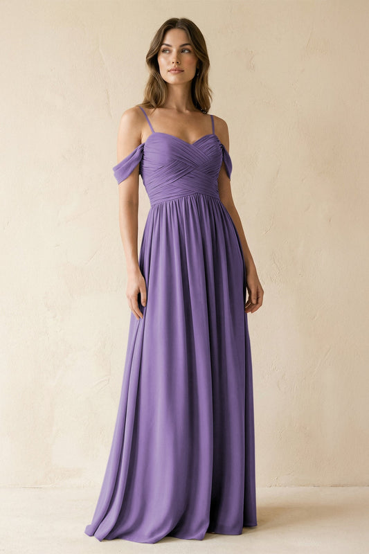 A-Line Off-the-Shoulder Pleated Chiffon Bridesmaid Dress in Tahiti