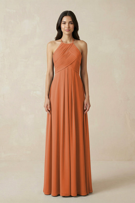A-Line Halter Neck Pleated Chiffon Bridesmaid Dress in Terracotta