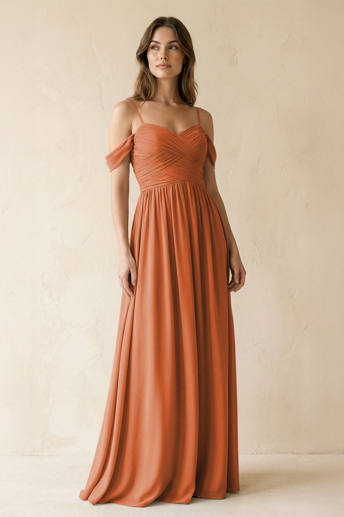 A-Line Off-the-Shoulder Pleated Chiffon Bridesmaid Dress in Terracotta