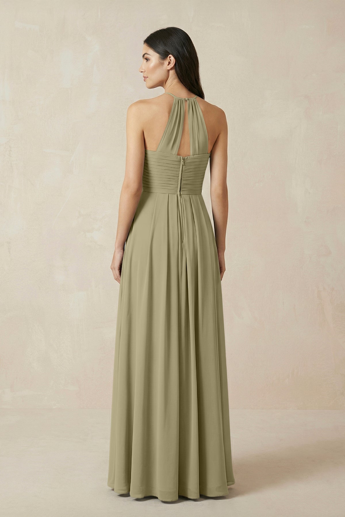 A-Line Halter Neck Pleated Chiffon Bridesmaid Dress in Thyme