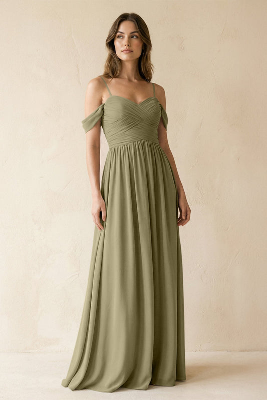 A-Line Off-the-Shoulder Pleated Chiffon Bridesmaid Dress in Thyme